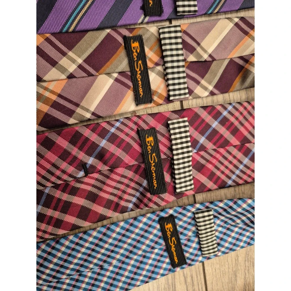 Ben Sherman Mens Silk Necktie Lot 5 Plaid Striped Gingham Teal Purple Red Orange